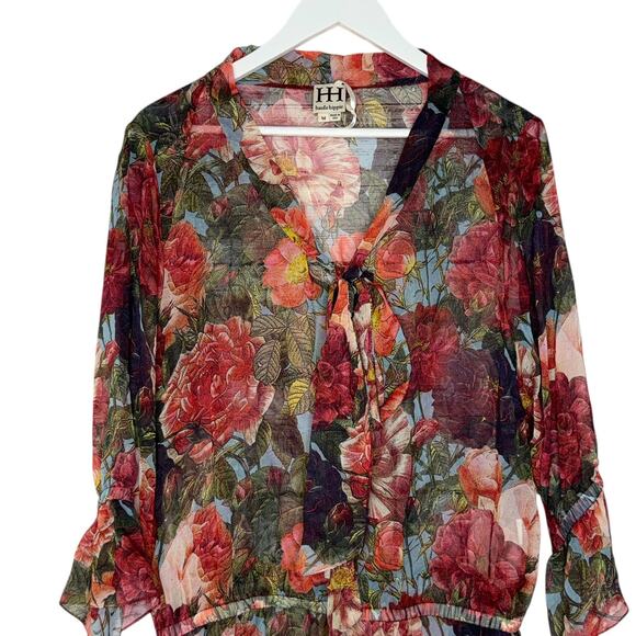 NWOT Haute Hippie 100% Silk Sheer Floral Blouse Ruched Hem Tie Neck Size Medium - Picture 7 of 11